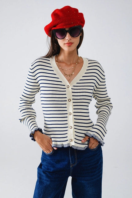 Striped Cardigan in Cream with Ruffle Trim