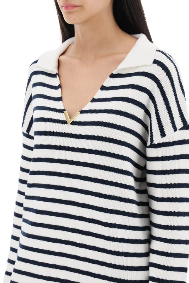 Striped Cotton Knit Sweater With V Gold Detailing-women > clothing > knitwear > sweaters-Valentino GARAVANI-m-Bianco-Urbanheer