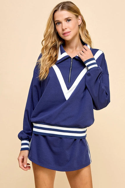 Striped Detail Quarter Zip Sweater