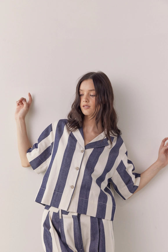 Striped Half Sleeve Cotton Shirts-SHIRTS-amente-XS/S-Natural/Denim-Urbanheer