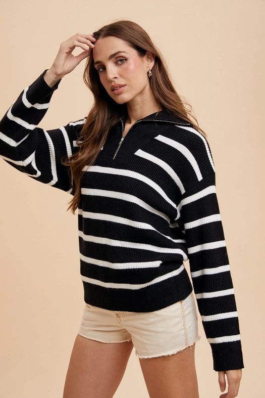 Striped Half Zip Knitted Pullover Black