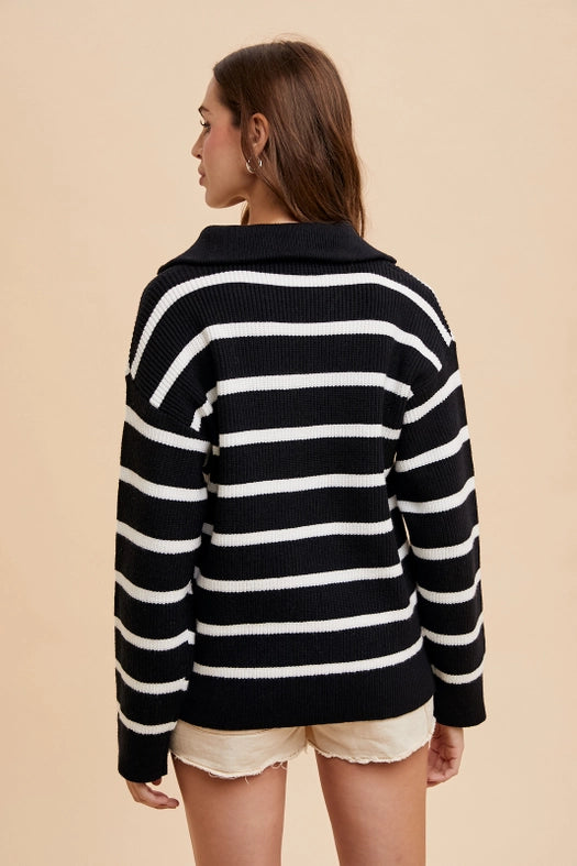 Striped Half Zip Knitted Pullover Black