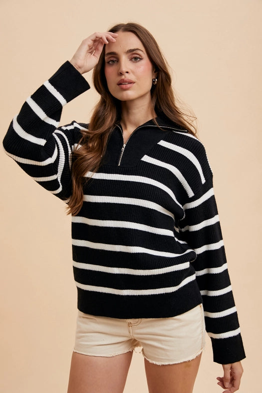 Striped Half Zip Knitted Pullover Black