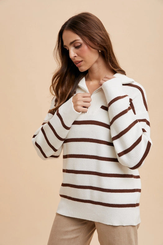 Striped Half Zip Knitted Pullover CEDAR