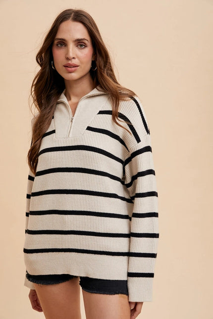 Striped Half Zip Knitted Pullover CREME/BLACK