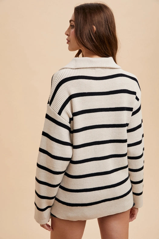 Striped Half Zip Knitted Pullover CREME/BLACK