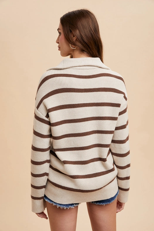 Striped Half Zip Knitted Pullover CREME/LATTE