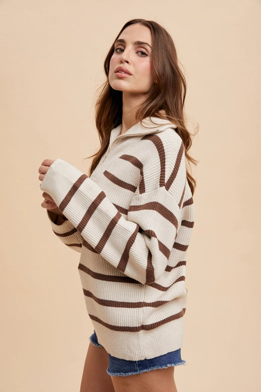 Striped Half Zip Knitted Pullover CREME/LATTE