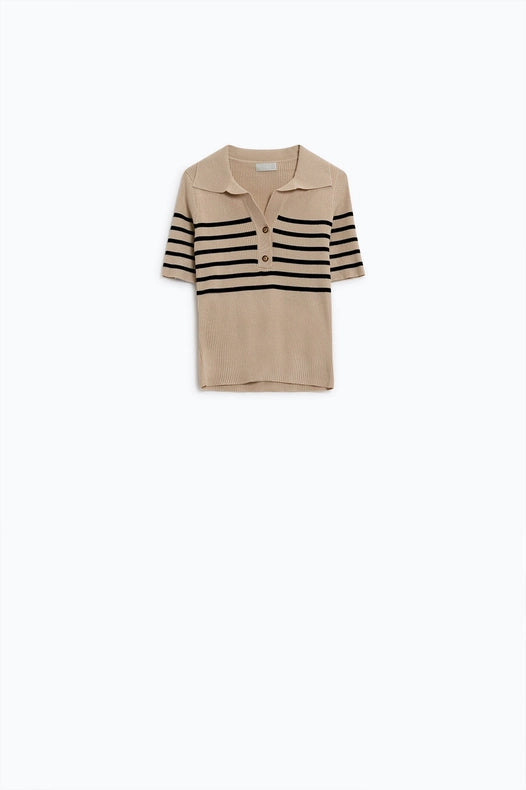 Striped Polo With Button Detail In Beige