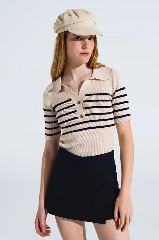 Striped Polo With Button Detail In Beige