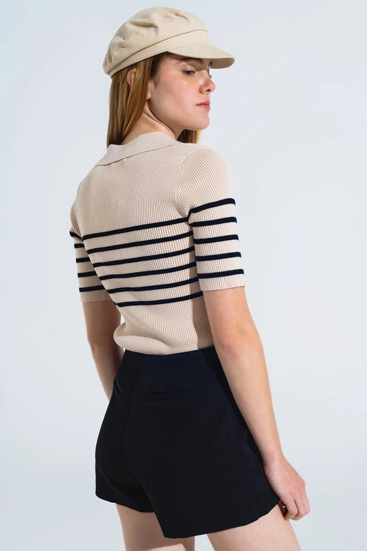 Striped Polo With Button Detail In Beige