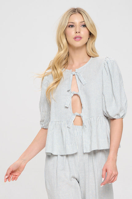 Striped Puff Sleeve Top with Front Bow Detail-2