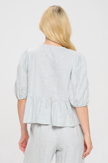 Striped Puff Sleeve Top with Front Bow Detail-3