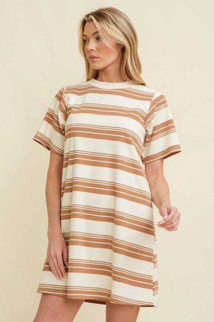 Striped Short Sleeve Midi Dress Brown