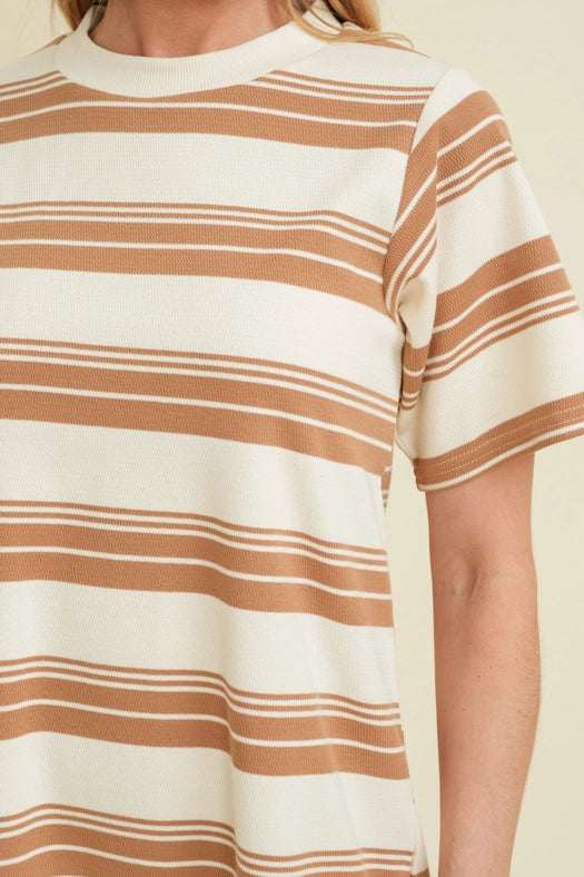 Striped Short Sleeve Midi Dress Brown