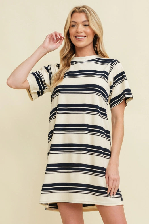 Striped Short Sleeve Midi Dress Navy