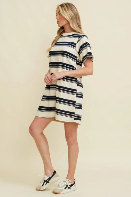 Striped Short Sleeve Midi Dress Navy