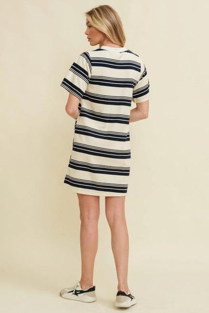 Striped Short Sleeve Midi Dress Navy