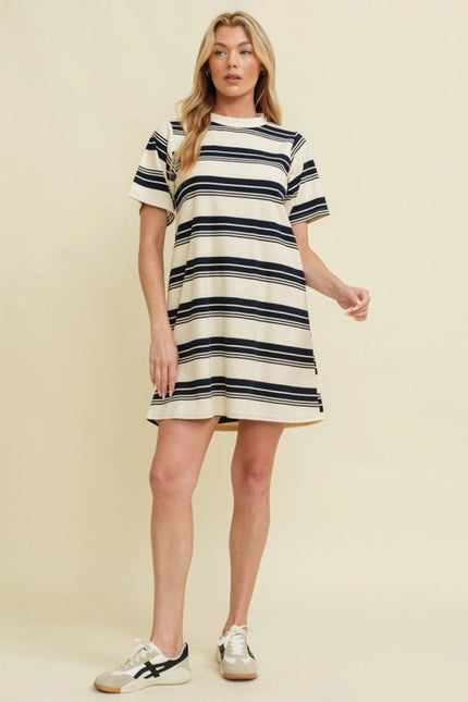 Striped Short Sleeve Midi Dress Navy