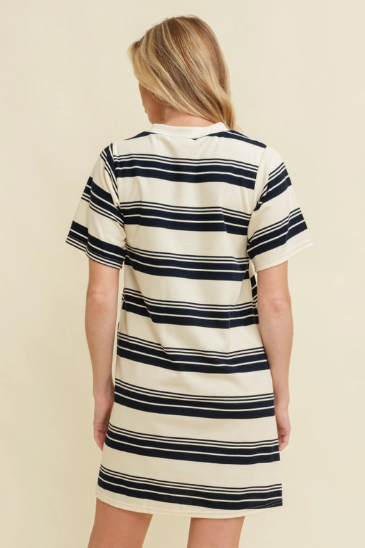 Striped Short Sleeve Midi Dress Navy