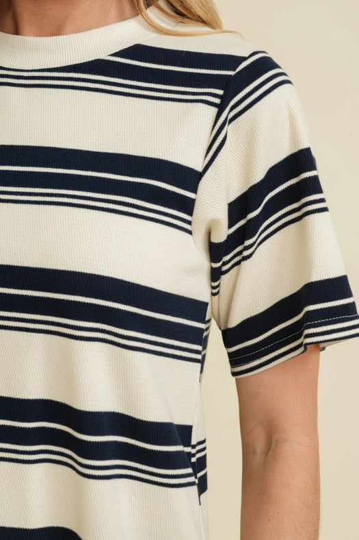 Striped Short Sleeve Midi Dress Navy