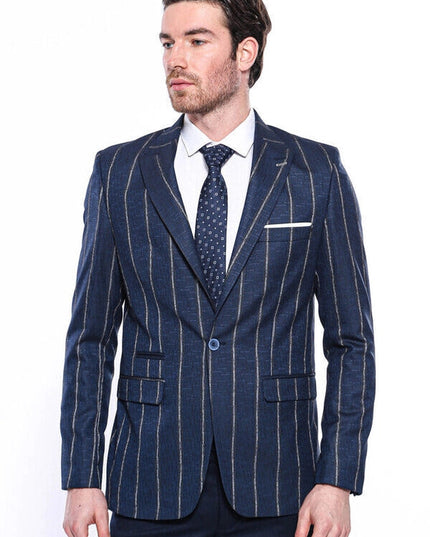 Striped Slim-Fit Navy Blue Men Blazer