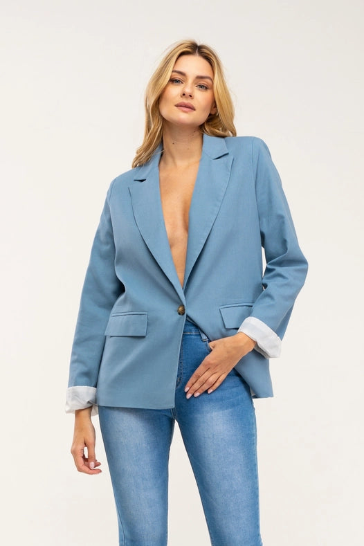 Striped Blazer-Style Blazer Jacket With Lapels And Button Detail Blue