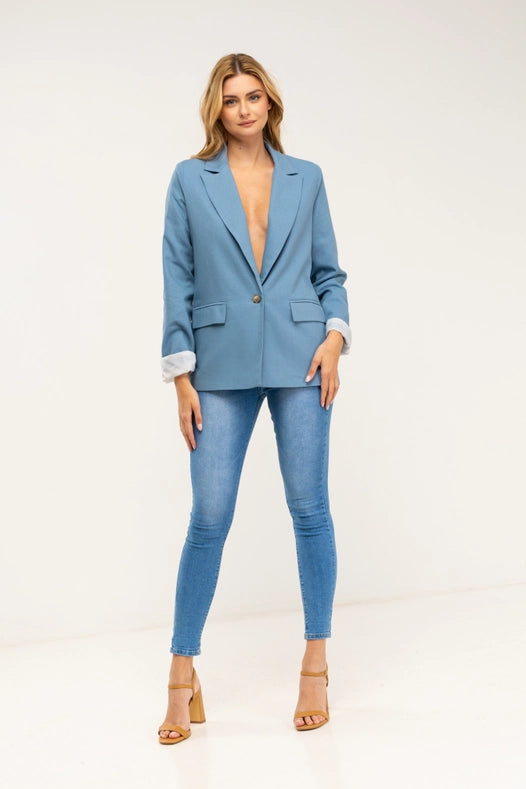 Striped Blazer-Style Blazer Jacket With Lapels And Button Detail Blue