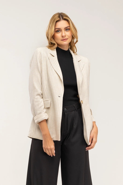 Striped Blazer-Style Blazer Jacket With Lapels And Button Detail Ecru