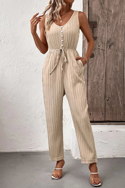 Stylish V-Neck Pleated Vest Cinched Waist Lace-Up Jumpsuit