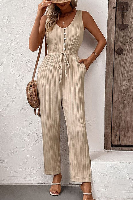 Stylish V-Neck Pleated Vest Cinched Waist Lace-Up Jumpsuit