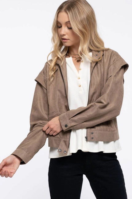 Suede Zip Up Moto Jacket ALMOND