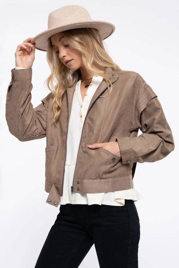 Suede Zip Up Moto Jacket ALMOND