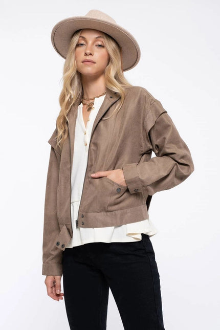 Suede Zip Up Moto Jacket ALMOND