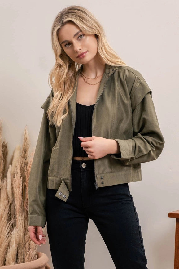 Suede Zip Up Moto Jacket OLIVE