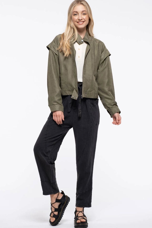 Suede Zip Up Moto Jacket OLIVE