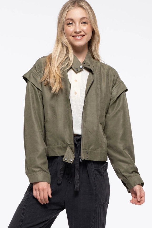 Suede Zip Up Moto Jacket OLIVE