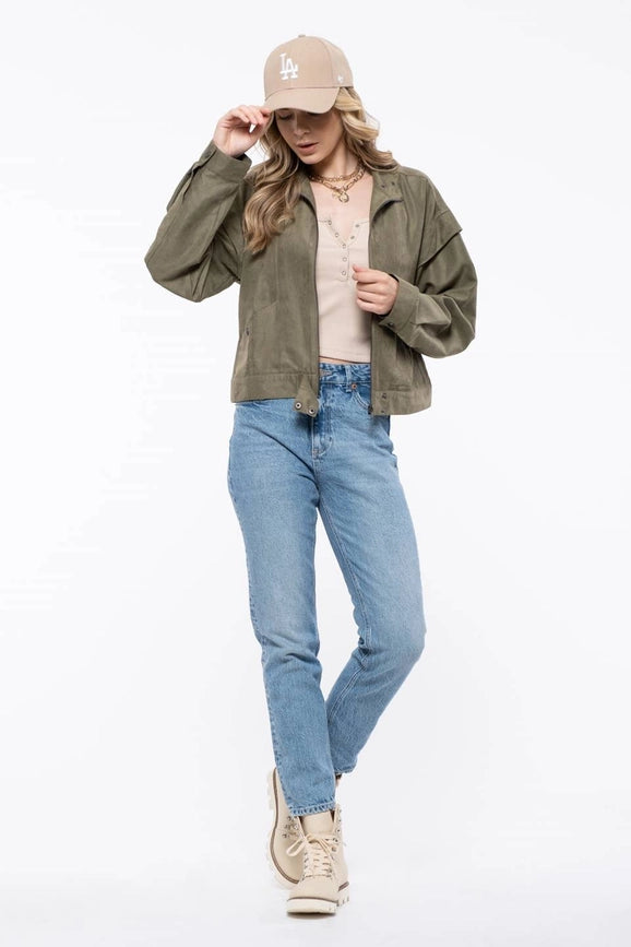 Suede Zip Up Moto Jacket OLIVE