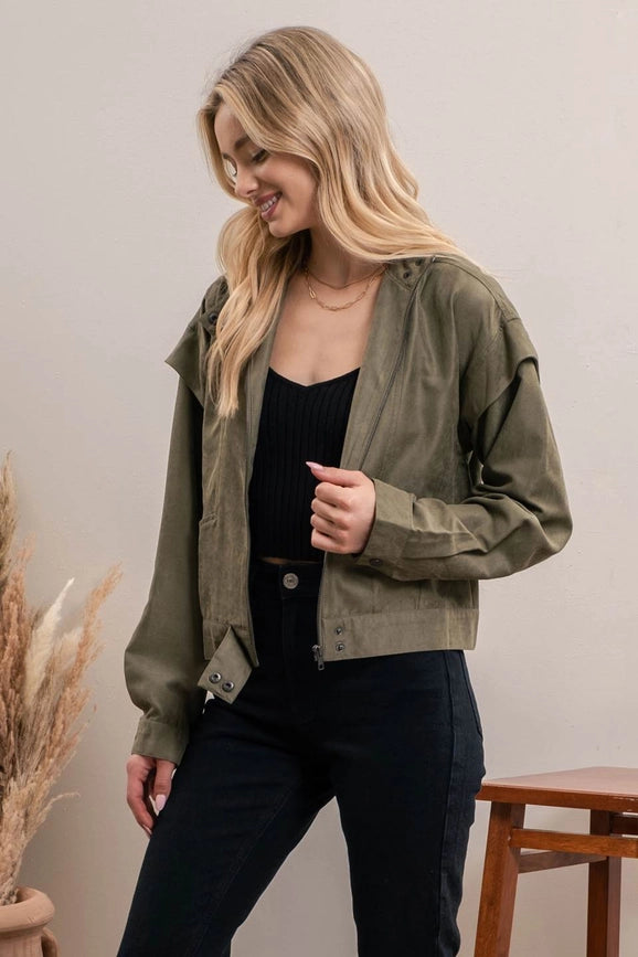 Suede Zip Up Moto Jacket OLIVE