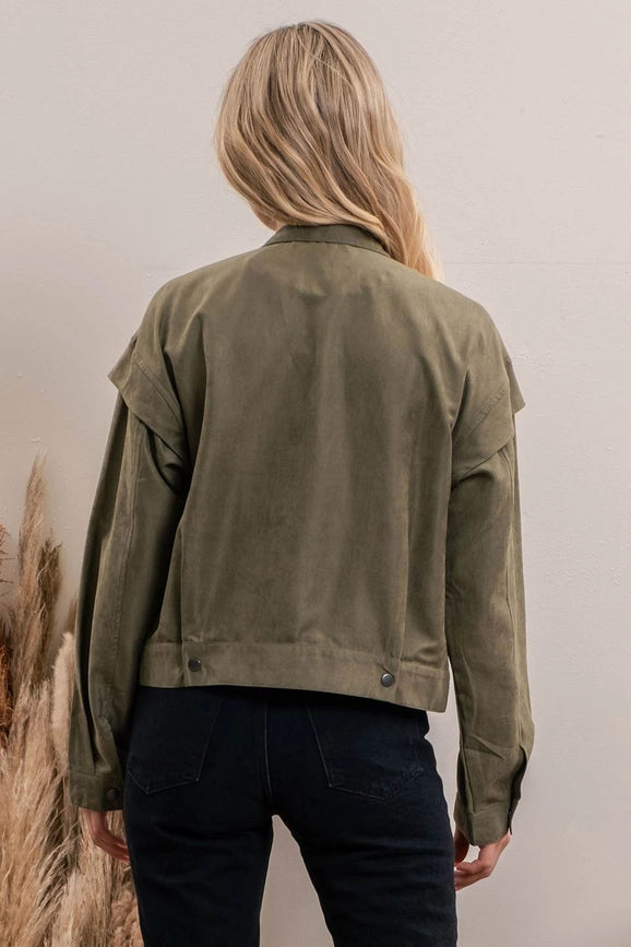 Suede Zip Up Moto Jacket OLIVE