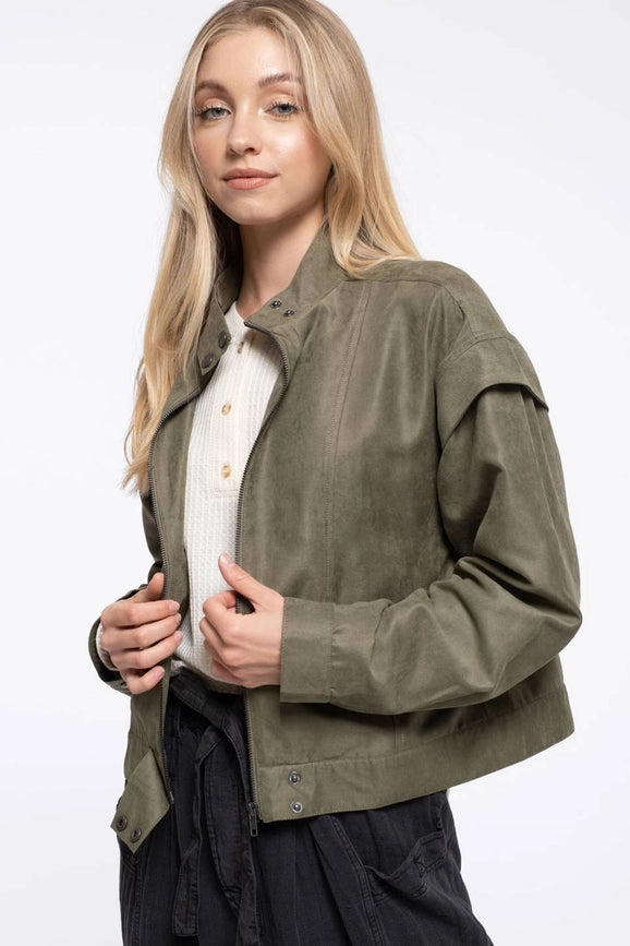 Suede Zip Up Moto Jacket OLIVE