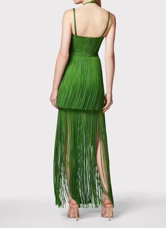 Sultry Green Fringe Halter Maxi Dress