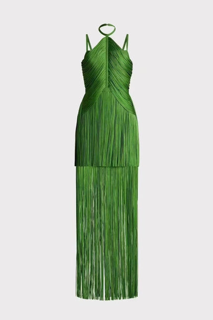 Sultry Green Fringe Halter Maxi Dress