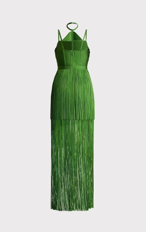 Sultry Green Fringe Halter Maxi Dress