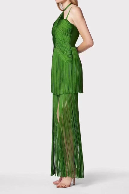 Sultry Green Fringe Halter Maxi Dress