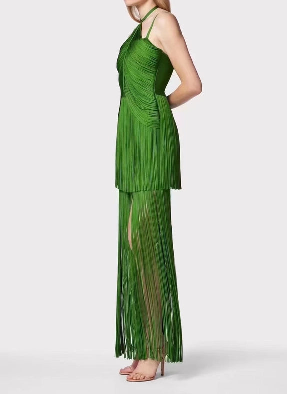 Sultry Green Fringe Halter Maxi Dress