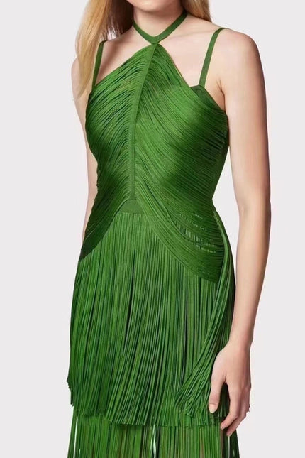 Sultry Green Fringe Halter Maxi Dress