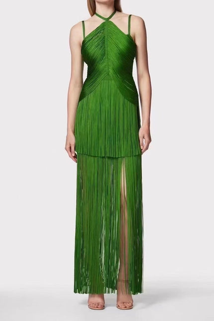 Sultry Green Fringe Halter Maxi Dress