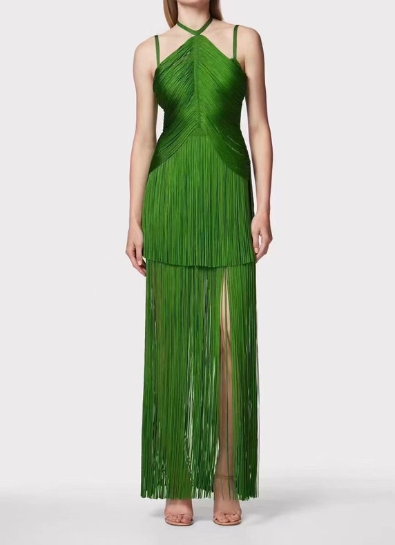 Sultry Green Fringe Halter Maxi Dress