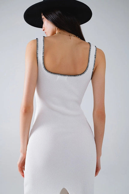 Summer Body Hugging Knitted Dress in White with Black Trim